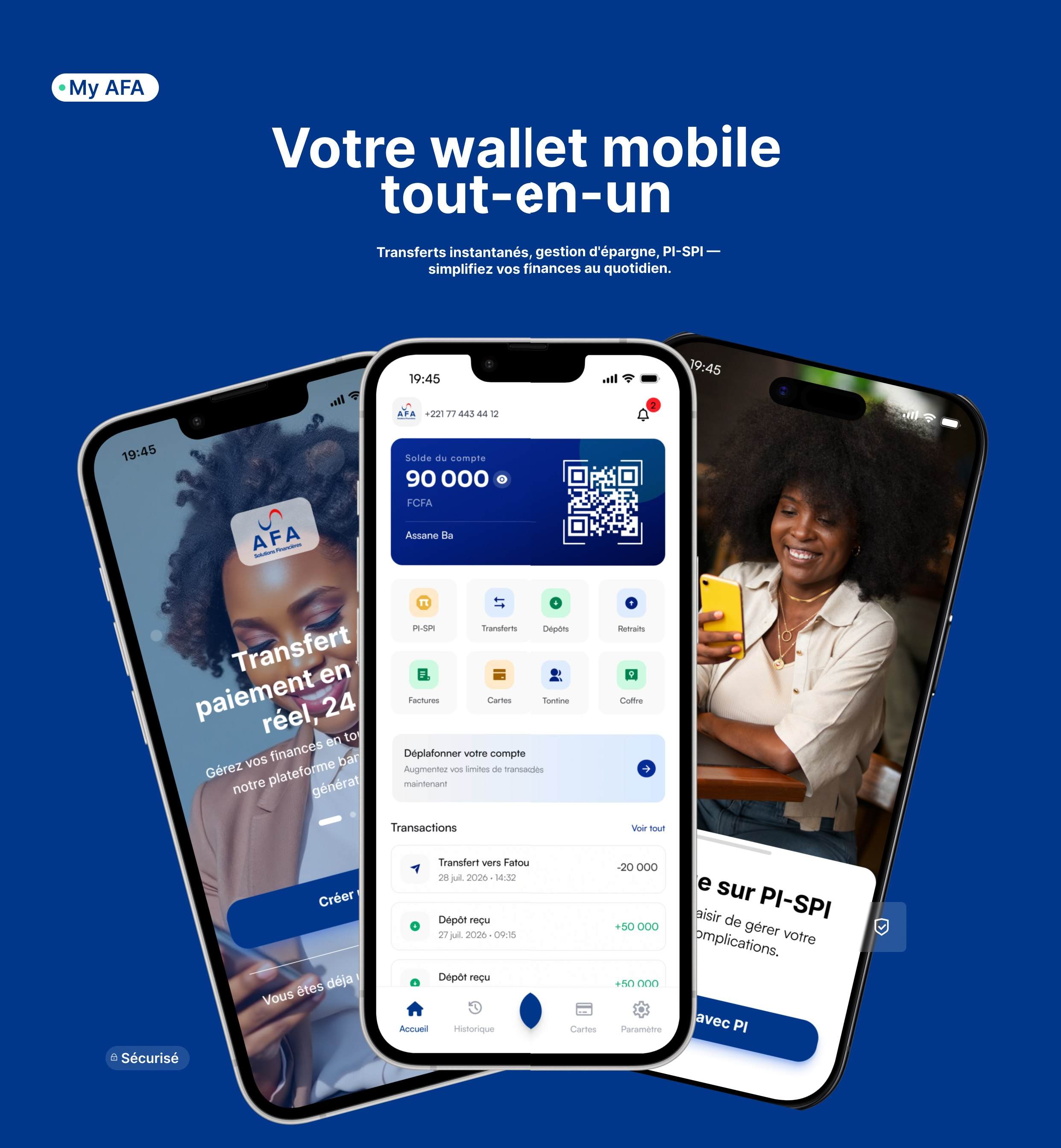 L'application MY AFA sur trois téléphones : écran d'accueil, wallet avec solde et QR code, transferts PI-SPI